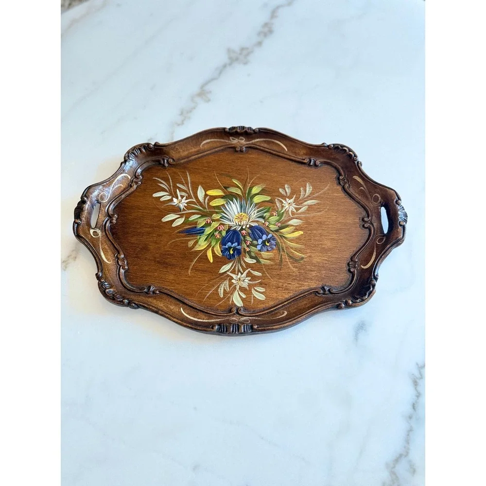 Vintage Ernst Huber Berchtesgaden Germany Hand Painted Carved Wood Tray Floral